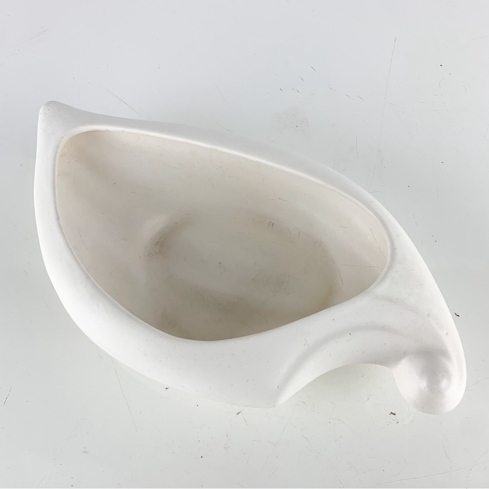 Vintage Matte Ivory Art Pottery Scroll Leaf Shallow Funky Bowl Planter Vase Mcm